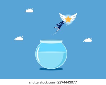 Independent and successful life. Businesswoman floats with stars out of fishbowl