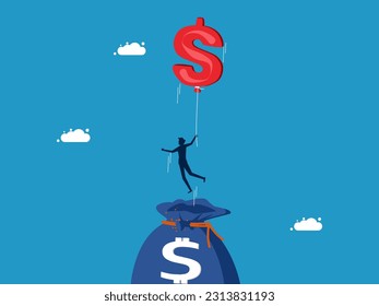 Independent way to invest. man flying with money balloon coming out of money bag