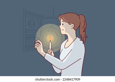 Independent woman with burning candle approaches power shield to find out reason for energy outage. Girl restores electrical wiring with own hands after loss of electricity. Flat vector illustration 