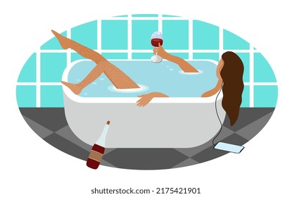 An independent woman with a glass of wine takes a bath. Businesswoman relaxes after a hard day at work. Pleasure,skincare relaxation at home concept.