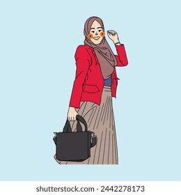 Independent Woman Hijab Model Portrait Illustration With Red Blazer and Shoulder Bag