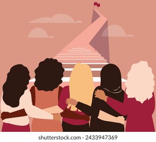 Independent women of different ethnicities stand side by side together while climbing highly on the stairs. Brave feminists support each other to reach their goal. Women empowerment and rights concept