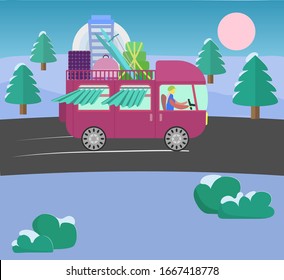Independent Women Driving Her Vintage Van on Speed. Van Loaded with Satellite Dish, Sun Battery, Surf Board for Fun and other things. Winter time adventure. Sustainable Lifestyle on Wheels.