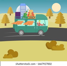 Independent Women Driving Her Vintage Van on Speed. Van Loaded with Satellite Dish, Sun Battery, Surf Board for Fun and other things. Autumn time adventure. Sustainable Lifestyle on Wheels.