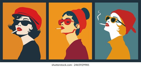 Independientes jóvenes fumando cigarrillos. Ilustración vectorial de moda, estilo de vida