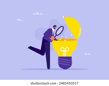 In-depth analysis for competitive advantage concept, business insight, deep understanding to make decision better, businessman using a magnifying glass looking into light bulb inside