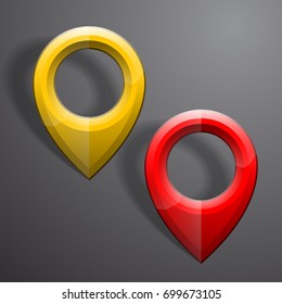 Index arrow location on the map. Pointer position. Marker standing. Indicator destination. Vector pointer label tag.