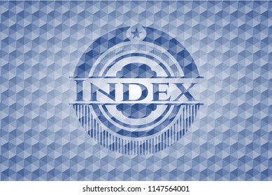 Index blue badge with geometric pattern.