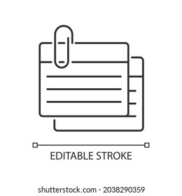 Lineares Symbol der Indexkarte. Kleines Stück für die Aufzeichnung von Informationen. Flashkarten zum Lernen. Dünne, anpassbare Illustration. Contour-Symbol. Vektor-einzelne Rahmenzeichnung. Bearbeitbarer Hub