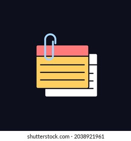 Index card RGB color icon for dark theme. Small piece for recording information. Flashcards for studying. Isolated vector illustration on night mode background. Simple filled line drawing on black
