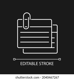 Index card white linear icon for dark theme. Small piece for recording information. Flashcards. Thin line customizable illustration. Isolated vector contour symbol for night mode. Editable stroke