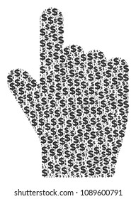 Index finger composition of dollars and sphere spots. Vector banking pictograms are composed into index finger collage.