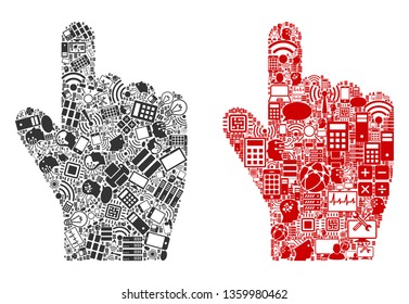Index Finger composition icons designed for bigdata illustrations. Vector index finger mosaics are composed from computer, calculator, connections, wi-fi, network icons into abstract patterns.