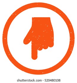 Index Finger Down Direction rubber seal stamp watermark. Icon vector symbol with grunge design and dust texture. Scratched orange ink sticker on a white background.