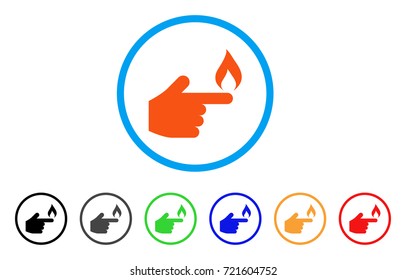 Index Finger Fire rounded icon. Style is a flat index finger fire orange symbol inside light blue circle with black, gray, green, blue, red, orange versions.