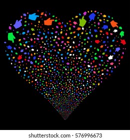 Index Finger fireworks with heart shape. Vector illustration style is flat bright multicolored iconic symbols on a black background. Object stream combined from confetti pictograms.