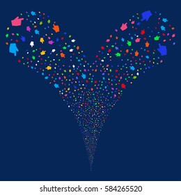 Index Finger fireworks stream. Vector illustration style is flat bright multicolored iconic symbols on a blue background. Object double fountain done from random pictographs.