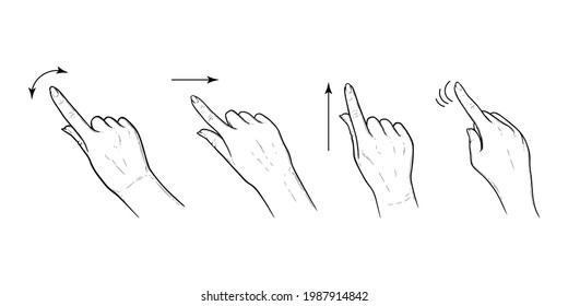 Index finger gestures with arrows for smartphone or tablet. Set of tap, swipe or slide gestures for devices with touchscreens. Sketch vector illustration isolated in white background