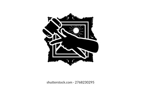 index finger of hand with hammer pointing to art auction, black isolated silhouette
