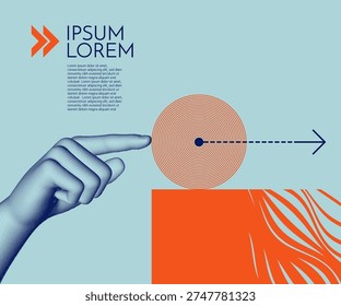 The index finger of the hand points at a target with an arrow in the direction away from it. Space for text. Business concept of the process of management, direction towards a goal or control. Vector.