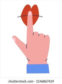 The index finger of the hand is pressed to the lips. Flat vector illustration. Eps10