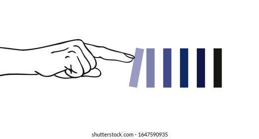 Index finger of a hand pushing the first domino and triggers a chain reaction - for business, finance, crash, banks, market, economy