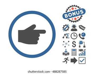 Index Finger icon with bonus elements. Vector illustration style is flat iconic bicolor symbols, cobalt and gray colors, white background.