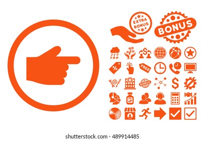 Index Finger icon with bonus elements. Vector illustration style is flat iconic symbols, orange color, white background.