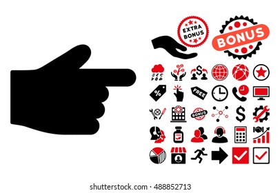 Index Finger icon with bonus images. Vector illustration style is flat iconic bicolor symbols, intensive red and black colors, white background.