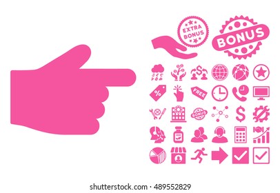 Index Finger icon with bonus symbols. Vector illustration style is flat iconic symbols, pink color, white background.