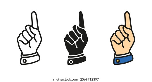 Index finger icon. Pointing finger cursor. Rising finger gesture vector illustration. Direction pointer hand sign. Index finger showing way up symbol. Only one or touch concept isolated.