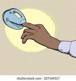 Index finger inside oximeter over halftone background