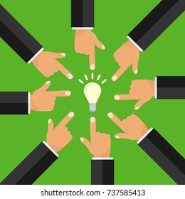 The index finger with a light bulb, many index fingers. The finger points to the light bulb. Flat design, vector illustration, vector.