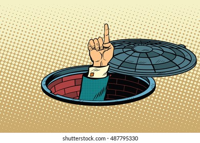 Index finger from manhole, pop art retro vector illustration