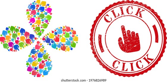Index finger multicolored swirl flower shape, and red round CLICK corroded stamp seal. Index finger symbol inside round stamp seal. Element whirlpool composed from random index finger items.