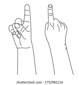 Index finger as number one in various sides view, hand gesture. Concept of finger counting. Vector illustration in outline style isolated on white background. 