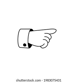 Index finger. Outline forefinger points to side. Human hand. Businessman in a suit. Direction indication. Cartoon illustration