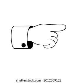 Index finger. Outline forefinger points to side. Direction indication. Cartoon illustration. Human hand. Businessman in a suit