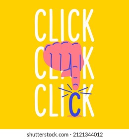 The index finger of a person's hand presses the letter. The image is in the style of modern fashionable youth graphics
