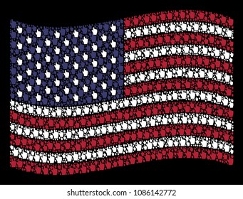 Index finger pictograms are grouped into waving USA flag stylization on a dark background. Vector concept of America state flag is organized of index finger elements.