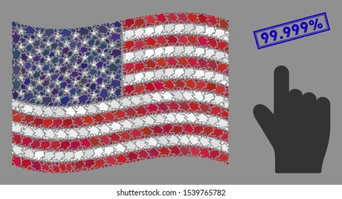 Index finger pictograms are organized into American flag abstraction with blue rectangle rubber stamp seal of 99.999% phrase.