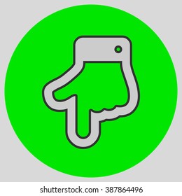 The index finger pointing down. Hand gestures show Down the direction of financial success. Style is flat symbol. Silver color.  Green circle  background.