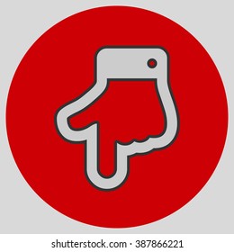 The index finger pointing down. Hand gestures show Down the direction of financial success. Style is flat symbol. Silver color.  Red circle  background.