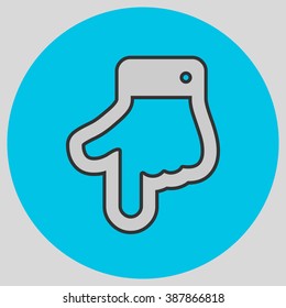 The index finger pointing down. Hand gestures show Down the direction of financial success. Style is flat symbol. Silver color.  Cyan circle  background.
