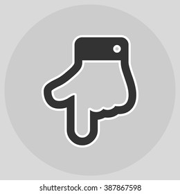 The index finger pointing down. Hand gestures show Down the direction of financial success. Style is flat symbol. Black color.  Silver circle  background.