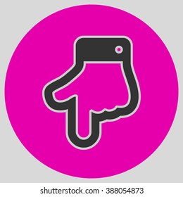 The index finger pointing down. Hand gestures show Down the direction of financial success. Style is flat symbol. Black color.  Magenta circle  background.