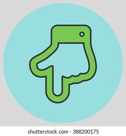 The index finger pointing down. Hand gestures show Down the direction of financial success. Vector illustration with pantone colors of the year 2016 Green Flash and Limpet Shell.