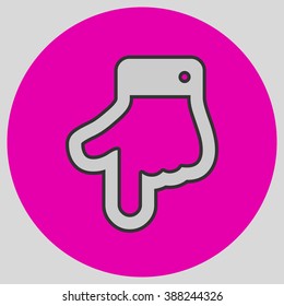 The index finger pointing down. Hand gestures show Down the direction of financial success. Style is flat symbol. Silver color.  Magenta circle  background.