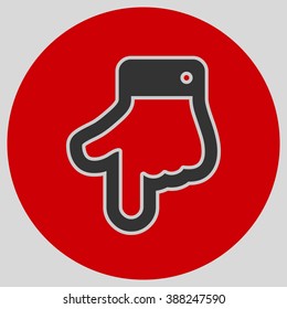 The index finger pointing down. Hand gestures show Down the direction of financial success. Style is flat symbol. Black color.  Red circle  background.