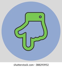 The index finger pointing down. Hand gestures show Down the direction of financial success. Vector illustration with pantone colors of the year 2016 Green Flash and Serenity.